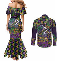 Mardi Gras Pelican Couples Matching Mermaid Dress and Long Sleeve Button Shirt Crowned Feathers Carnival Reign - Wonder Print Shop
