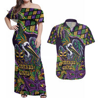 Mardi Gras Pelican Couples Matching Off Shoulder Maxi Dress and Hawaiian Shirt Crowned Feathers Carnival Reign - Wonder Print Shop