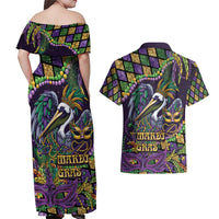 Mardi Gras Pelican Couples Matching Off Shoulder Maxi Dress and Hawaiian Shirt Crowned Feathers Carnival Reign - Wonder Print Shop