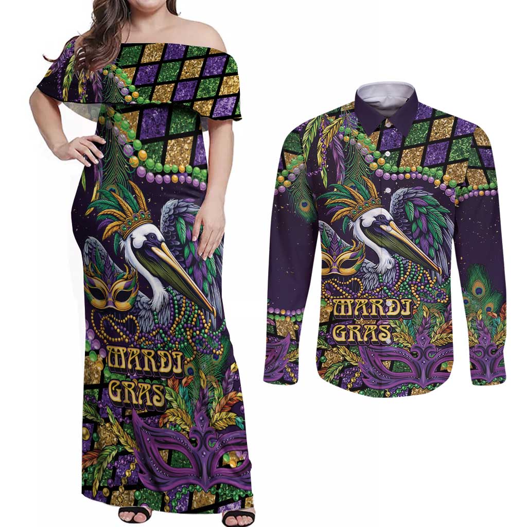 Mardi Gras Pelican Couples Matching Off Shoulder Maxi Dress and Long Sleeve Button Shirt Crowned Feathers Carnival Reign - Wonder Print Shop