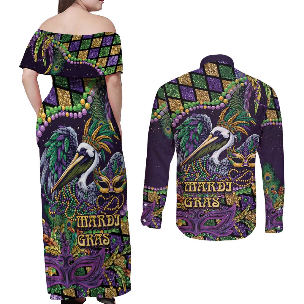 Mardi Gras Pelican Couples Matching Off Shoulder Maxi Dress and Long Sleeve Button Shirt Crowned Feathers Carnival Reign - Wonder Print Shop