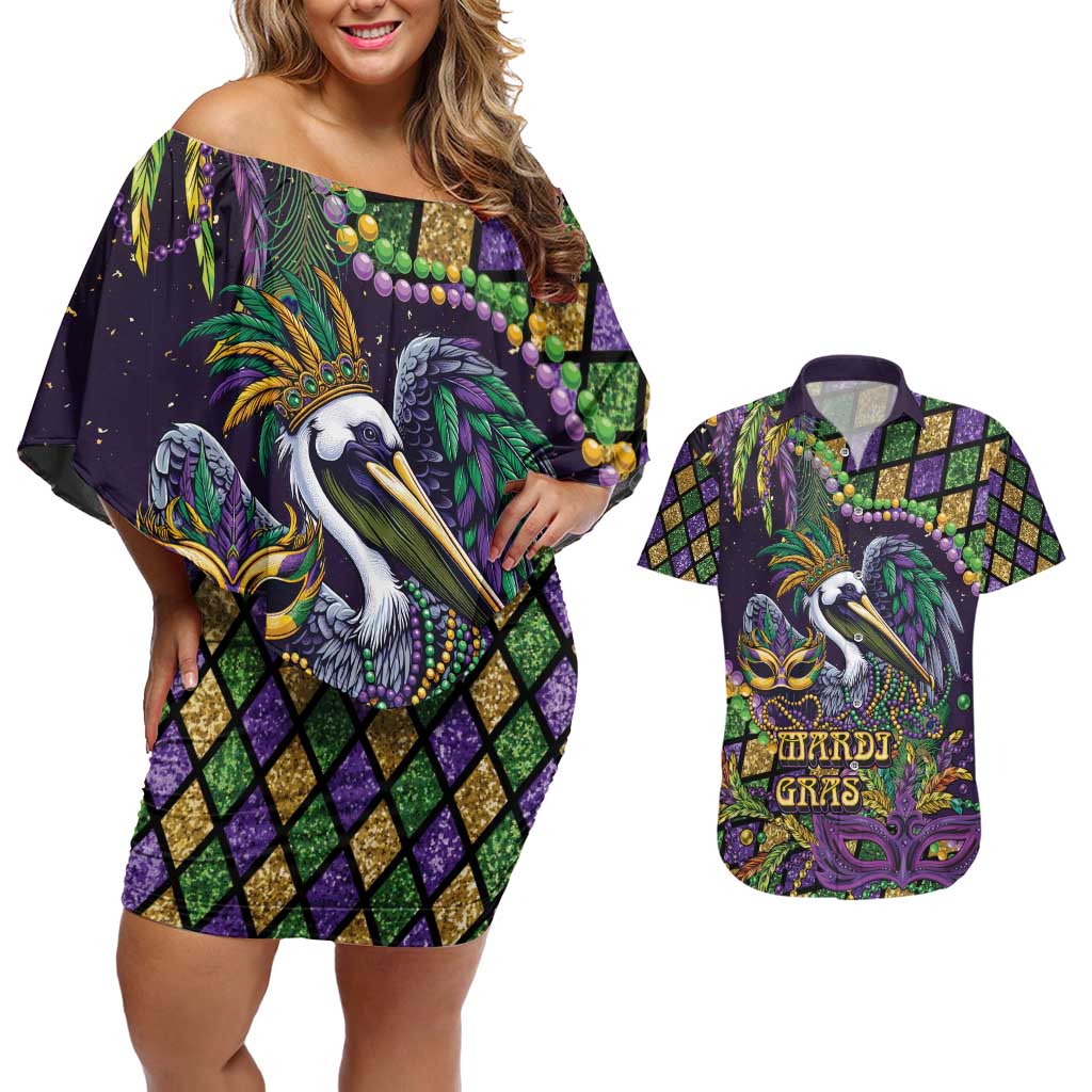 Mardi Gras Pelican Couples Matching Off Shoulder Short Dress and Hawaiian Shirt Crowned Feathers Carnival Reign - Wonder Print Shop