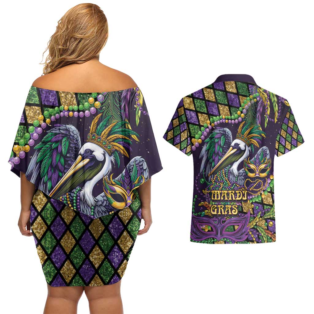Mardi Gras Pelican Couples Matching Off Shoulder Short Dress and Hawaiian Shirt Crowned Feathers Carnival Reign - Wonder Print Shop