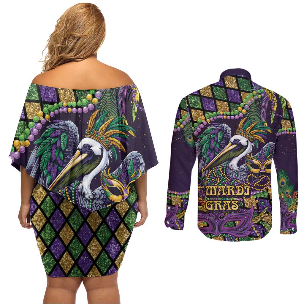 Mardi Gras Pelican Couples Matching Off Shoulder Short Dress and Long Sleeve Button Shirt Crowned Feathers Carnival Reign - Wonder Print Shop