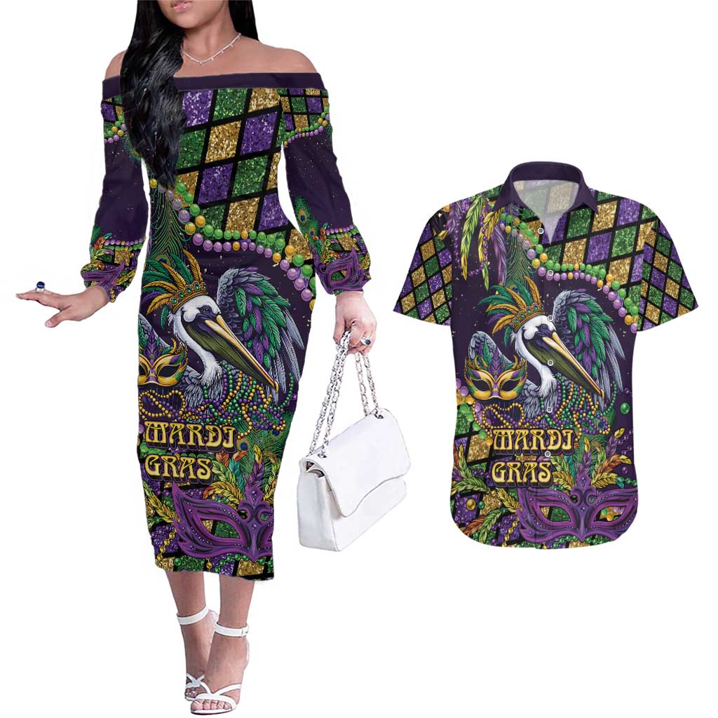 Mardi Gras Pelican Couples Matching Off The Shoulder Long Sleeve Dress and Hawaiian Shirt Crowned Feathers Carnival Reign - Wonder Print Shop