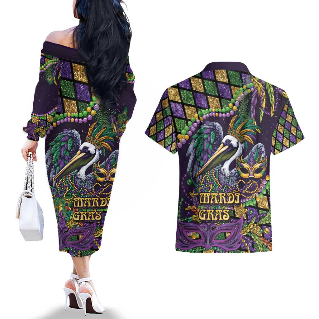 Mardi Gras Pelican Couples Matching Off The Shoulder Long Sleeve Dress and Hawaiian Shirt Crowned Feathers Carnival Reign - Wonder Print Shop
