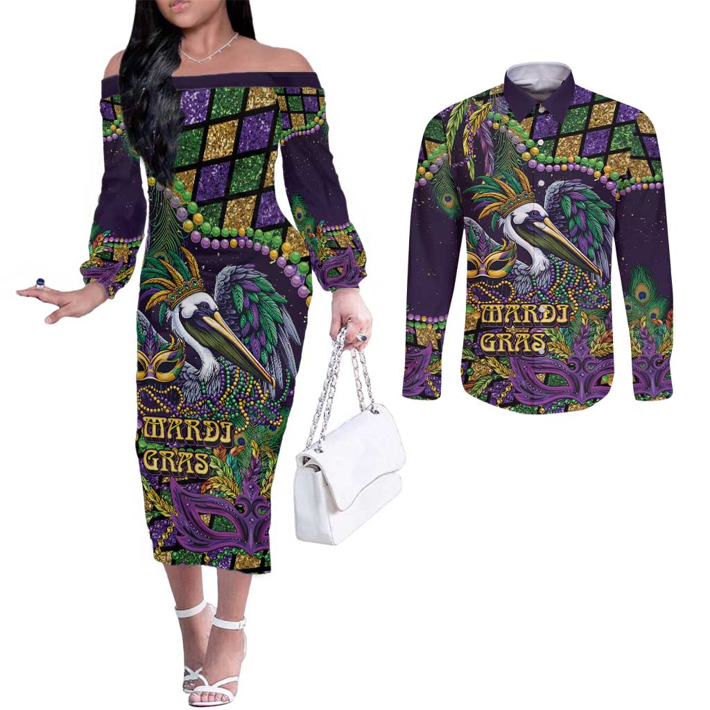 Mardi Gras Pelican Couples Matching Off The Shoulder Long Sleeve Dress and Long Sleeve Button Shirt Crowned Feathers Carnival Reign - Wonder Print Shop
