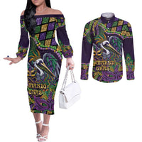 Mardi Gras Pelican Couples Matching Off The Shoulder Long Sleeve Dress and Long Sleeve Button Shirt Crowned Feathers Carnival Reign - Wonder Print Shop