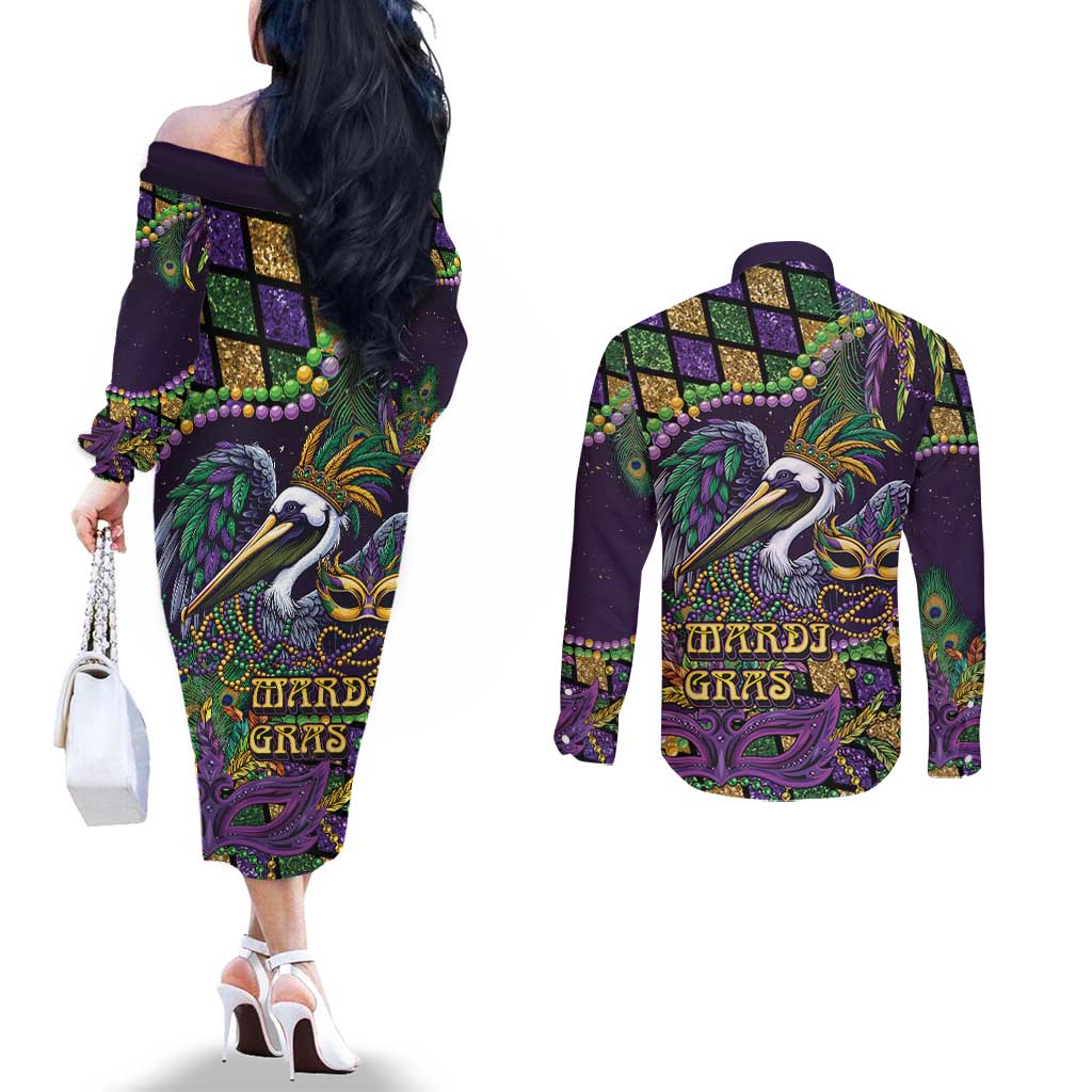 Mardi Gras Pelican Couples Matching Off The Shoulder Long Sleeve Dress and Long Sleeve Button Shirt Crowned Feathers Carnival Reign - Wonder Print Shop