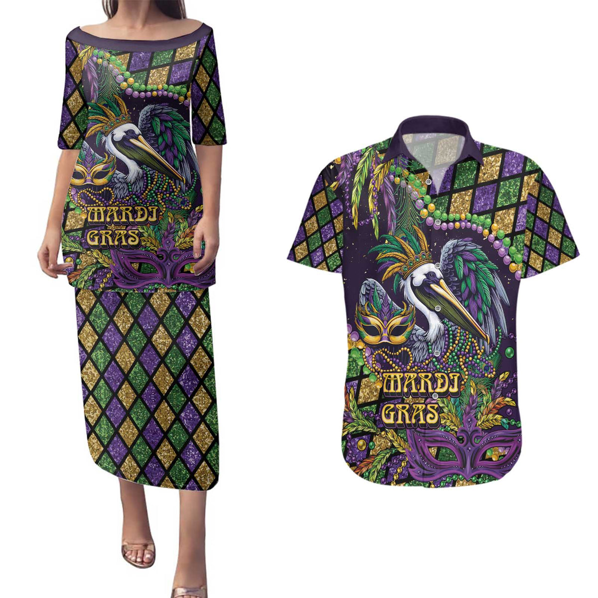 Mardi Gras Pelican Couples Matching Puletasi and Hawaiian Shirt Crowned Feathers Carnival Reign - Wonder Print Shop