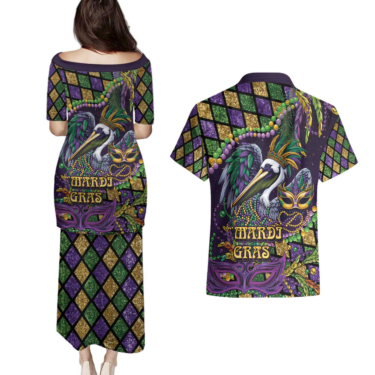 Mardi Gras Pelican Couples Matching Puletasi and Hawaiian Shirt Crowned Feathers Carnival Reign - Wonder Print Shop