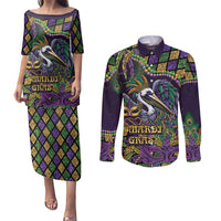 Mardi Gras Pelican Couples Matching Puletasi and Long Sleeve Button Shirt Crowned Feathers Carnival Reign - Wonder Print Shop