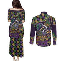 Mardi Gras Pelican Couples Matching Puletasi and Long Sleeve Button Shirt Crowned Feathers Carnival Reign - Wonder Print Shop