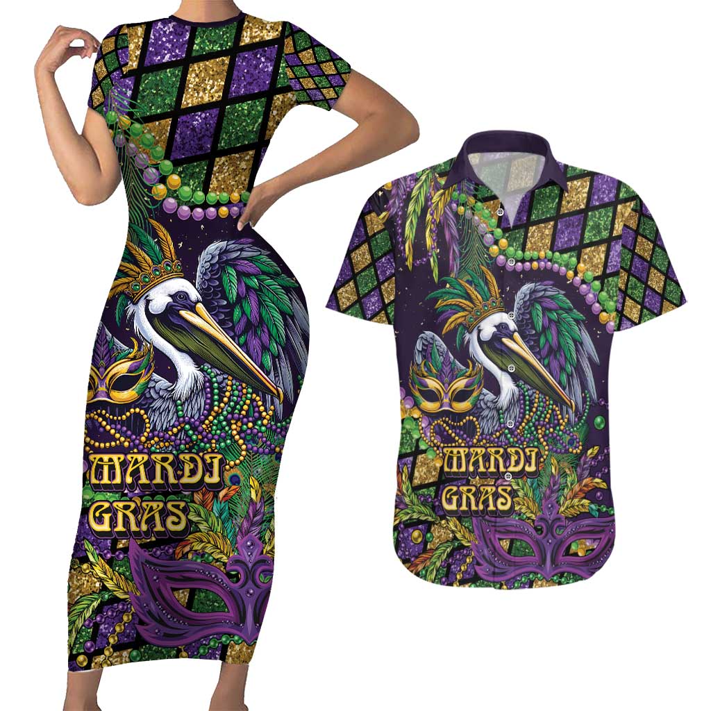 Mardi Gras Pelican Couples Matching Short Sleeve Bodycon Dress and Hawaiian Shirt Crowned Feathers Carnival Reign - Wonder Print Shop