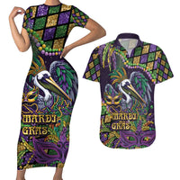 Mardi Gras Pelican Couples Matching Short Sleeve Bodycon Dress and Hawaiian Shirt Crowned Feathers Carnival Reign - Wonder Print Shop