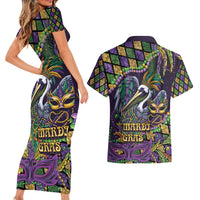 Mardi Gras Pelican Couples Matching Short Sleeve Bodycon Dress and Hawaiian Shirt Crowned Feathers Carnival Reign - Wonder Print Shop