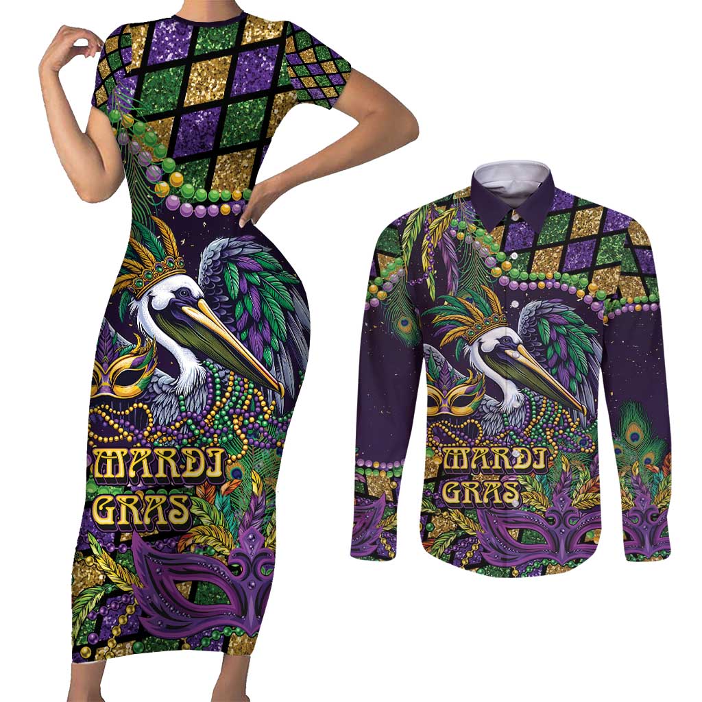 Mardi Gras Pelican Couples Matching Short Sleeve Bodycon Dress and Long Sleeve Button Shirt Crowned Feathers Carnival Reign - Wonder Print Shop