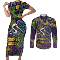Mardi Gras Pelican Couples Matching Short Sleeve Bodycon Dress and Long Sleeve Button Shirt Crowned Feathers Carnival Reign - Wonder Print Shop