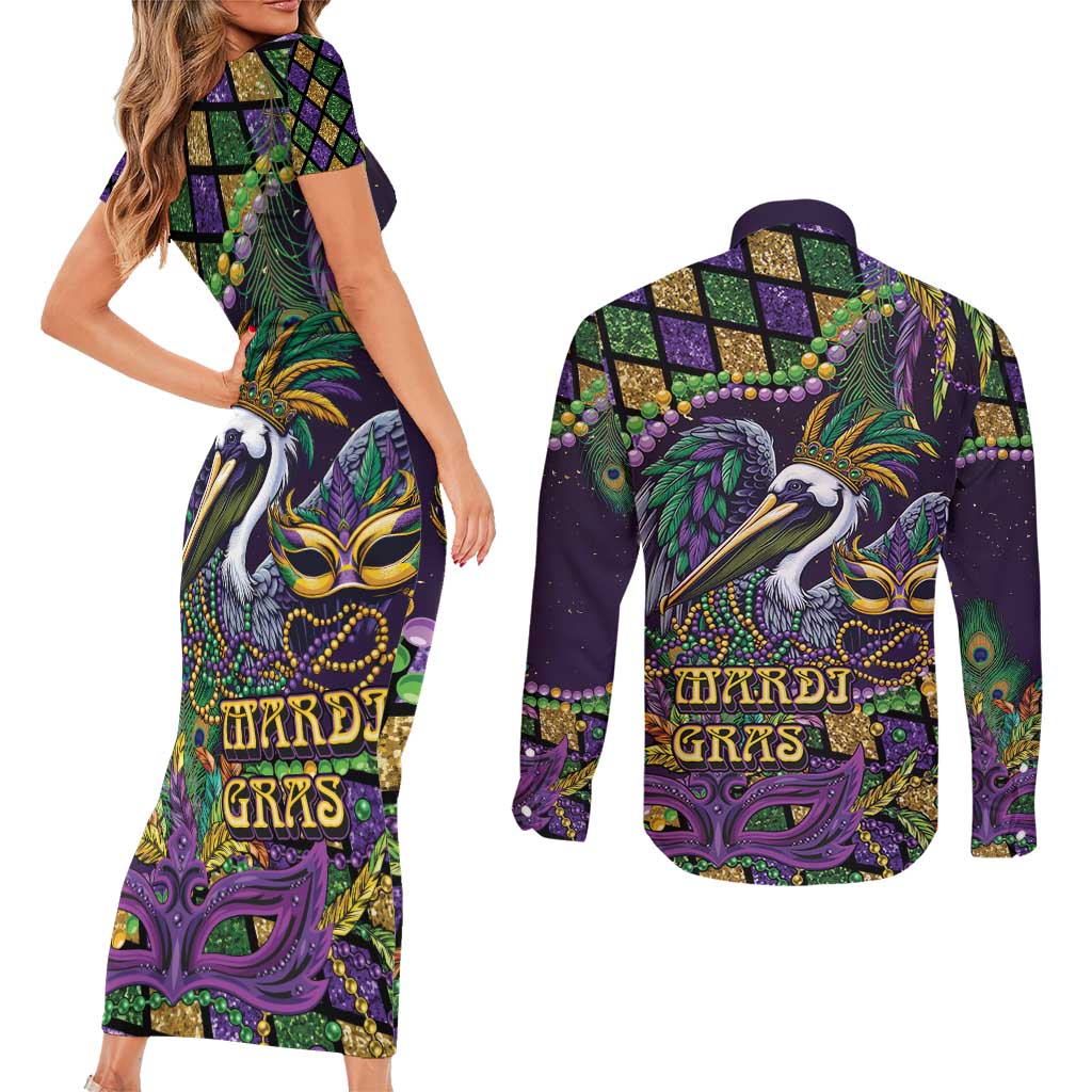 Mardi Gras Pelican Couples Matching Short Sleeve Bodycon Dress and Long Sleeve Button Shirt Crowned Feathers Carnival Reign - Wonder Print Shop