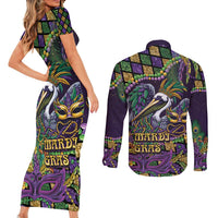 Mardi Gras Pelican Couples Matching Short Sleeve Bodycon Dress and Long Sleeve Button Shirt Crowned Feathers Carnival Reign - Wonder Print Shop