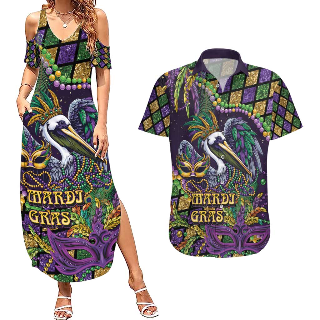 Mardi Gras Pelican Couples Matching Summer Maxi Dress and Hawaiian Shirt Crowned Feathers Carnival Reign - Wonder Print Shop