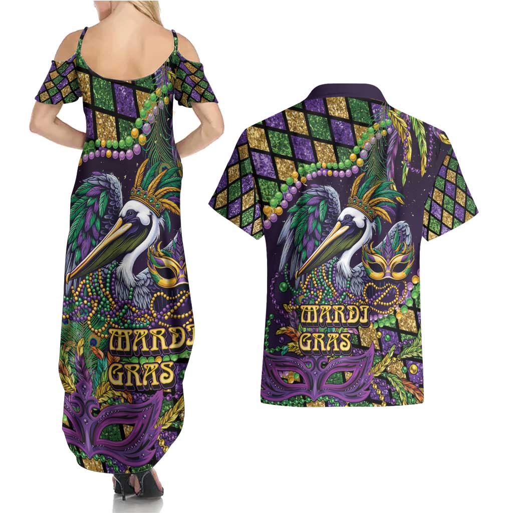 Mardi Gras Pelican Couples Matching Summer Maxi Dress and Hawaiian Shirt Crowned Feathers Carnival Reign - Wonder Print Shop