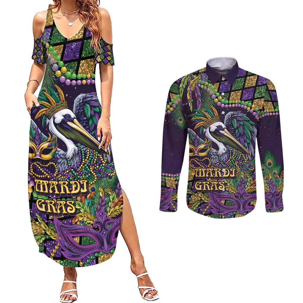 Mardi Gras Pelican Couples Matching Summer Maxi Dress and Long Sleeve Button Shirt Crowned Feathers Carnival Reign - Wonder Print Shop