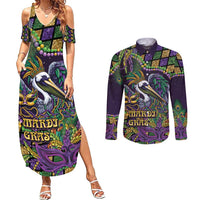 Mardi Gras Pelican Couples Matching Summer Maxi Dress and Long Sleeve Button Shirt Crowned Feathers Carnival Reign - Wonder Print Shop