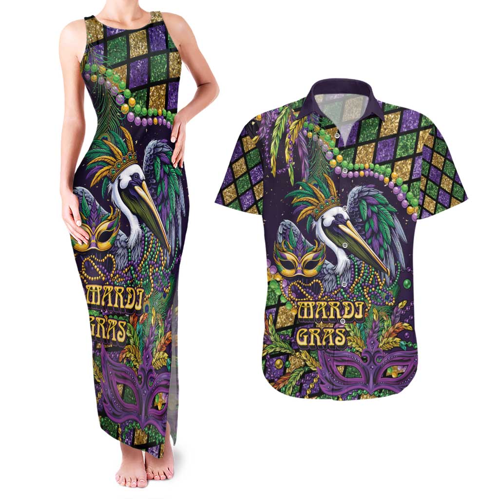 Mardi Gras Pelican Couples Matching Tank Maxi Dress and Hawaiian Shirt Crowned Feathers Carnival Reign - Wonder Print Shop