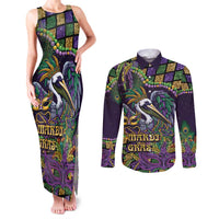 Mardi Gras Pelican Couples Matching Tank Maxi Dress and Long Sleeve Button Shirt Crowned Feathers Carnival Reign - Wonder Print Shop