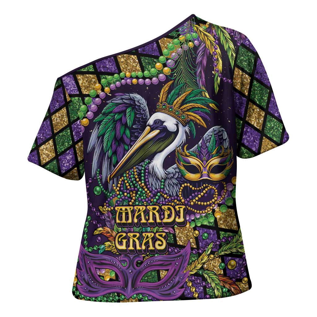 Mardi Gras Pelican Cross Shoulder Shirt Crowned Feathers Carnival Reign - Wonder Print Shop