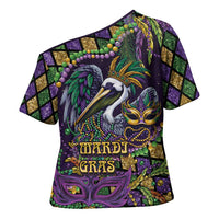 Mardi Gras Pelican Cross Shoulder Shirt Crowned Feathers Carnival Reign - Wonder Print Shop