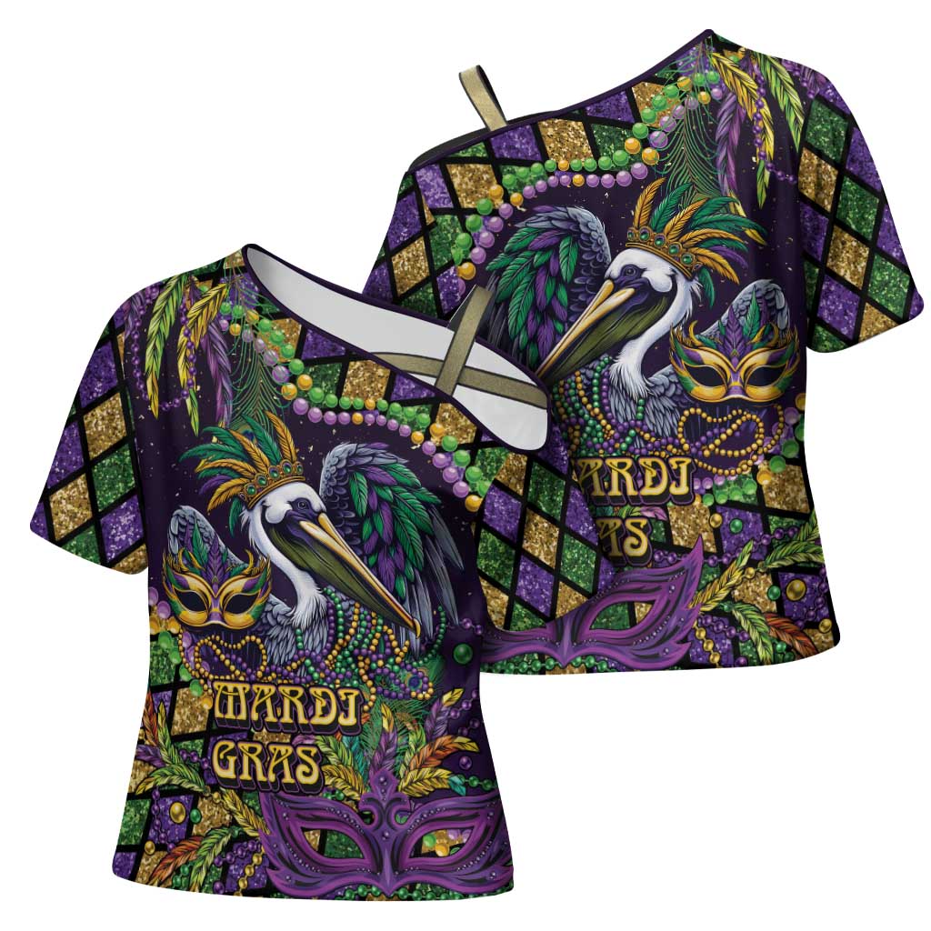Mardi Gras Pelican Cross Shoulder Shirt Crowned Feathers Carnival Reign - Wonder Print Shop