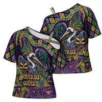 Mardi Gras Pelican Cross Shoulder Shirt Crowned Feathers Carnival Reign - Wonder Print Shop