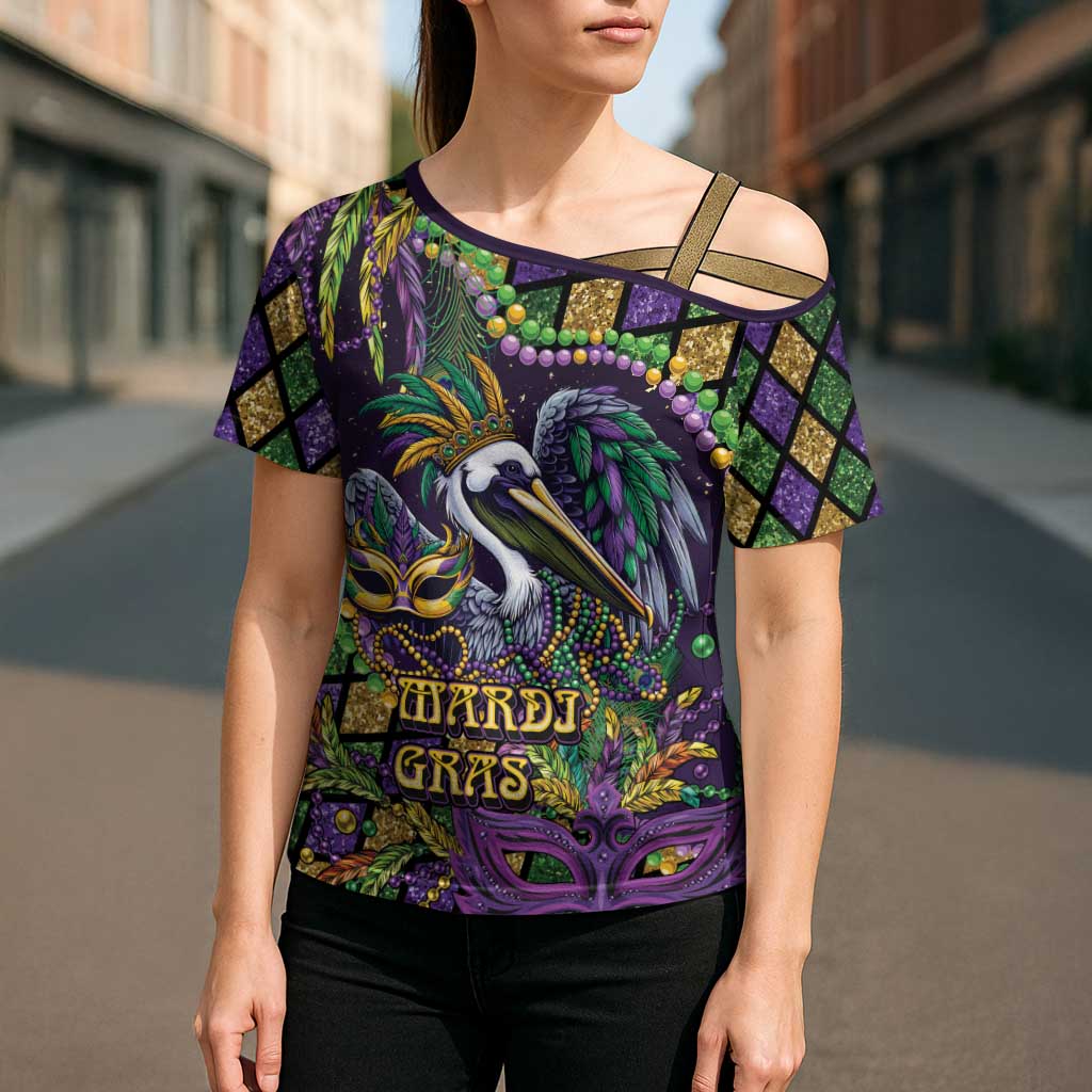 Mardi Gras Pelican Cross Shoulder Shirt Crowned Feathers Carnival Reign - Wonder Print Shop
