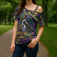 Mardi Gras Pelican Cross Shoulder Shirt Crowned Feathers Carnival Reign - Wonder Print Shop