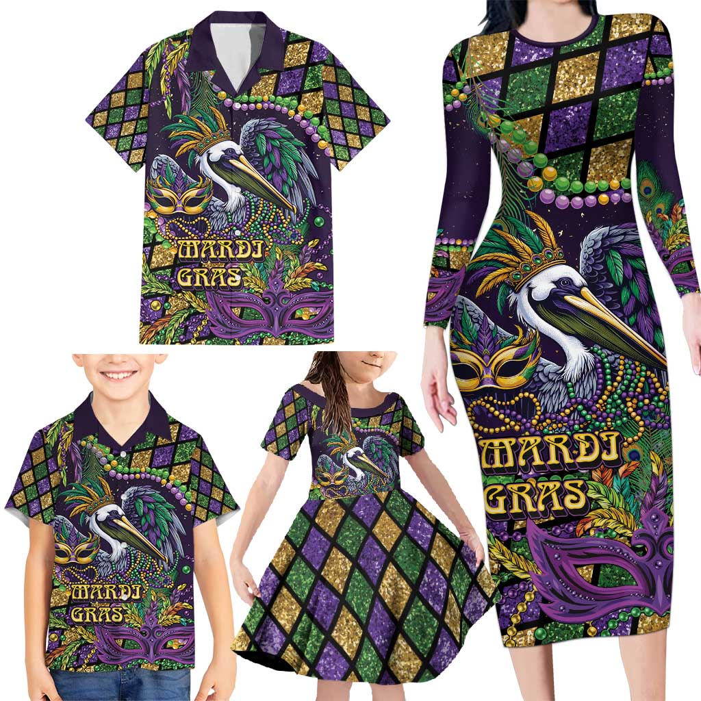 Mardi Gras Pelican Family Matching Long Sleeve Bodycon Dress and Hawaiian Shirt Crowned Feathers Carnival Reign - Wonder Print Shop