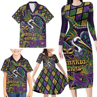 Mardi Gras Pelican Family Matching Long Sleeve Bodycon Dress and Hawaiian Shirt Crowned Feathers Carnival Reign - Wonder Print Shop
