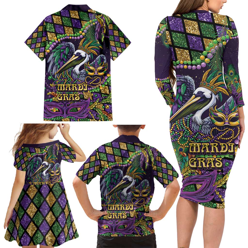 Mardi Gras Pelican Family Matching Long Sleeve Bodycon Dress and Hawaiian Shirt Crowned Feathers Carnival Reign - Wonder Print Shop