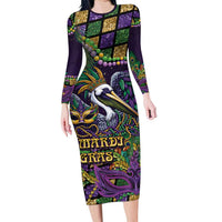 Mardi Gras Pelican Family Matching Long Sleeve Bodycon Dress and Hawaiian Shirt Crowned Feathers Carnival Reign - Wonder Print Shop