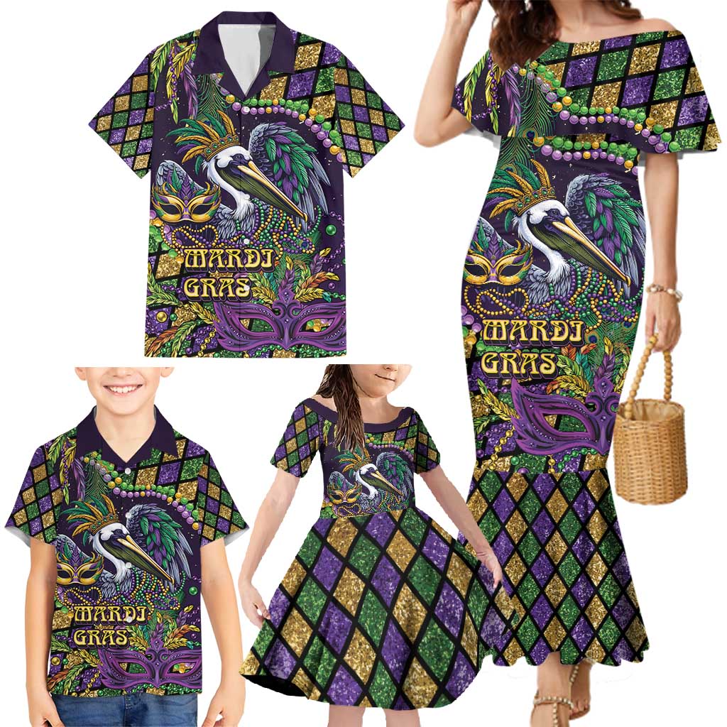Mardi Gras Pelican Family Matching Mermaid Dress and Hawaiian Shirt Crowned Feathers Carnival Reign - Wonder Print Shop