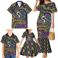 Mardi Gras Pelican Family Matching Mermaid Dress and Hawaiian Shirt Crowned Feathers Carnival Reign - Wonder Print Shop