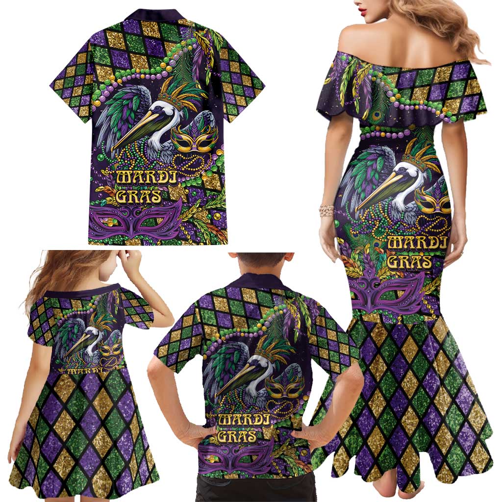 Mardi Gras Pelican Family Matching Mermaid Dress and Hawaiian Shirt Crowned Feathers Carnival Reign - Wonder Print Shop