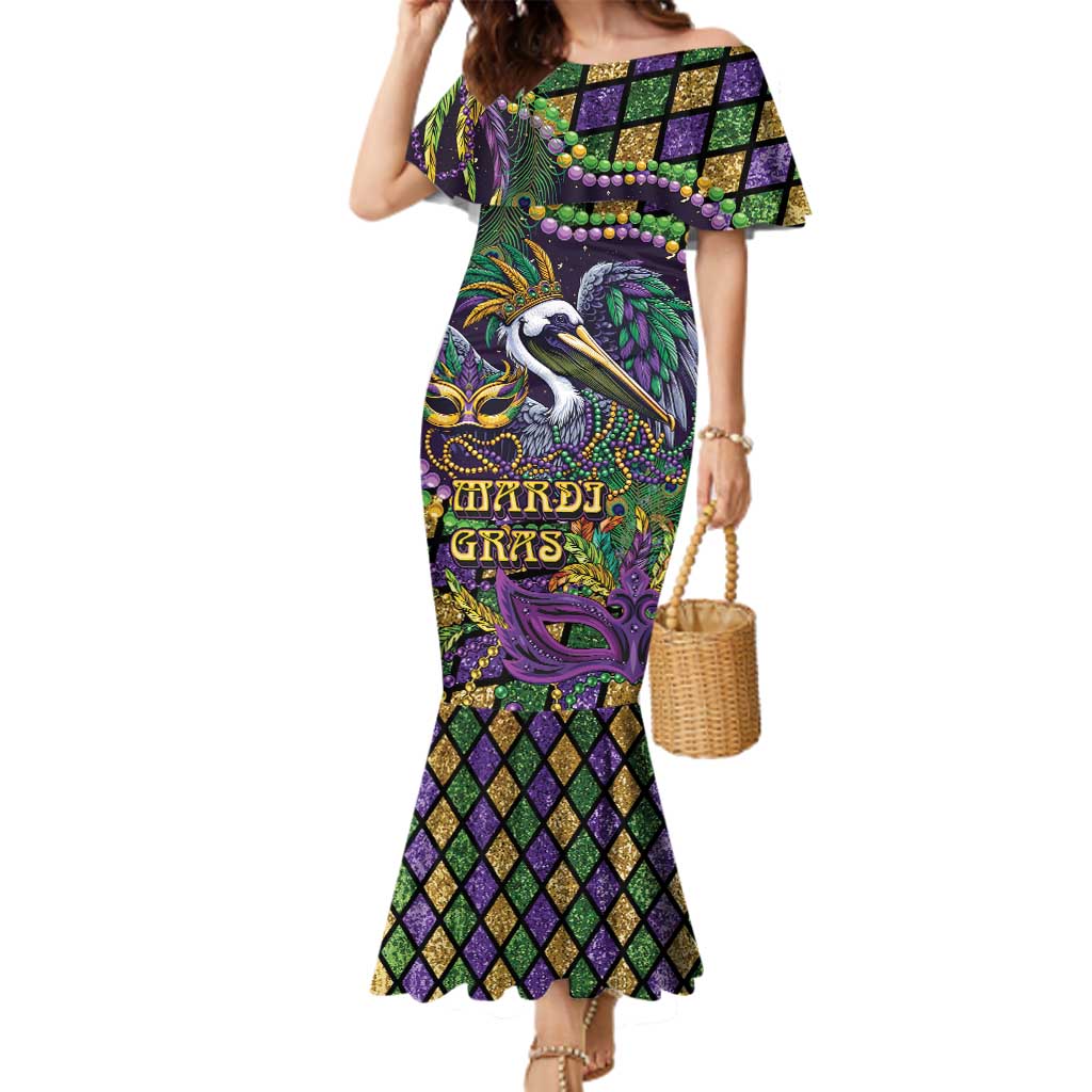 Mardi Gras Pelican Family Matching Mermaid Dress and Hawaiian Shirt Crowned Feathers Carnival Reign - Wonder Print Shop