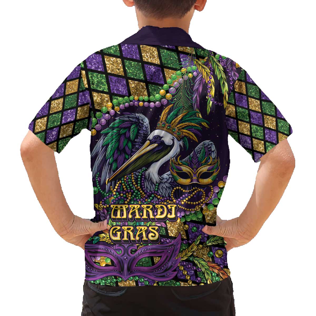 Mardi Gras Pelican Family Matching Off The Shoulder Long Sleeve Dress and Hawaiian Shirt Crowned Feathers Carnival Reign - Wonder Print Shop