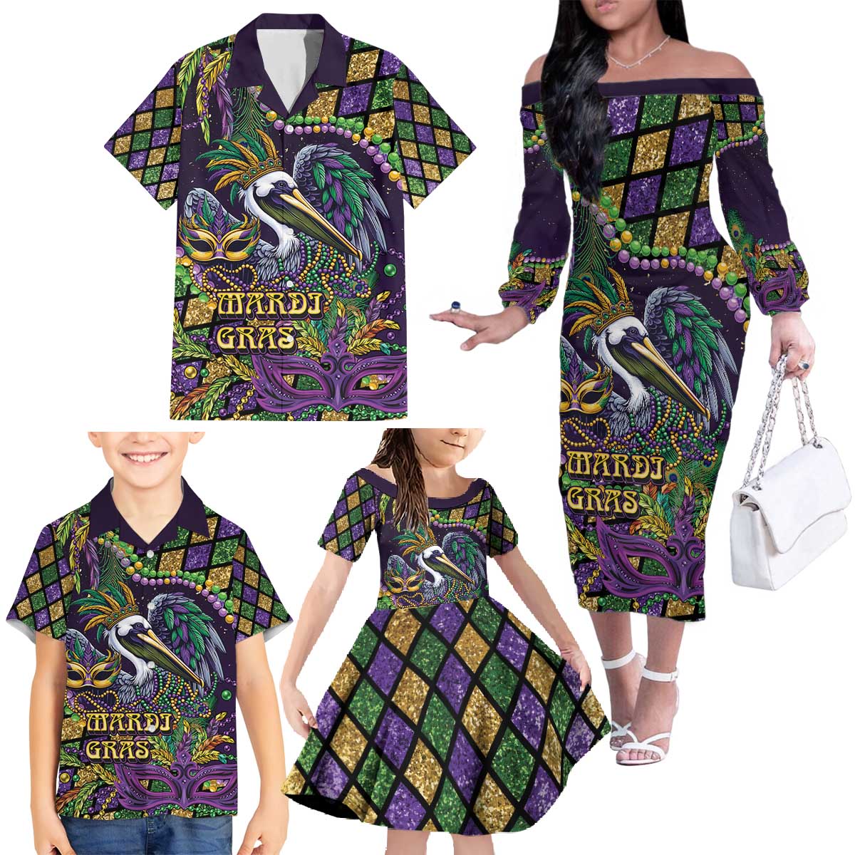 Mardi Gras Pelican Family Matching Off The Shoulder Long Sleeve Dress and Hawaiian Shirt Crowned Feathers Carnival Reign - Wonder Print Shop