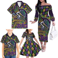 Mardi Gras Pelican Family Matching Off The Shoulder Long Sleeve Dress and Hawaiian Shirt Crowned Feathers Carnival Reign - Wonder Print Shop