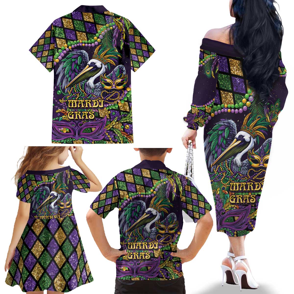 Mardi Gras Pelican Family Matching Off The Shoulder Long Sleeve Dress and Hawaiian Shirt Crowned Feathers Carnival Reign - Wonder Print Shop
