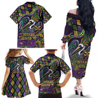 Mardi Gras Pelican Family Matching Off The Shoulder Long Sleeve Dress and Hawaiian Shirt Crowned Feathers Carnival Reign - Wonder Print Shop