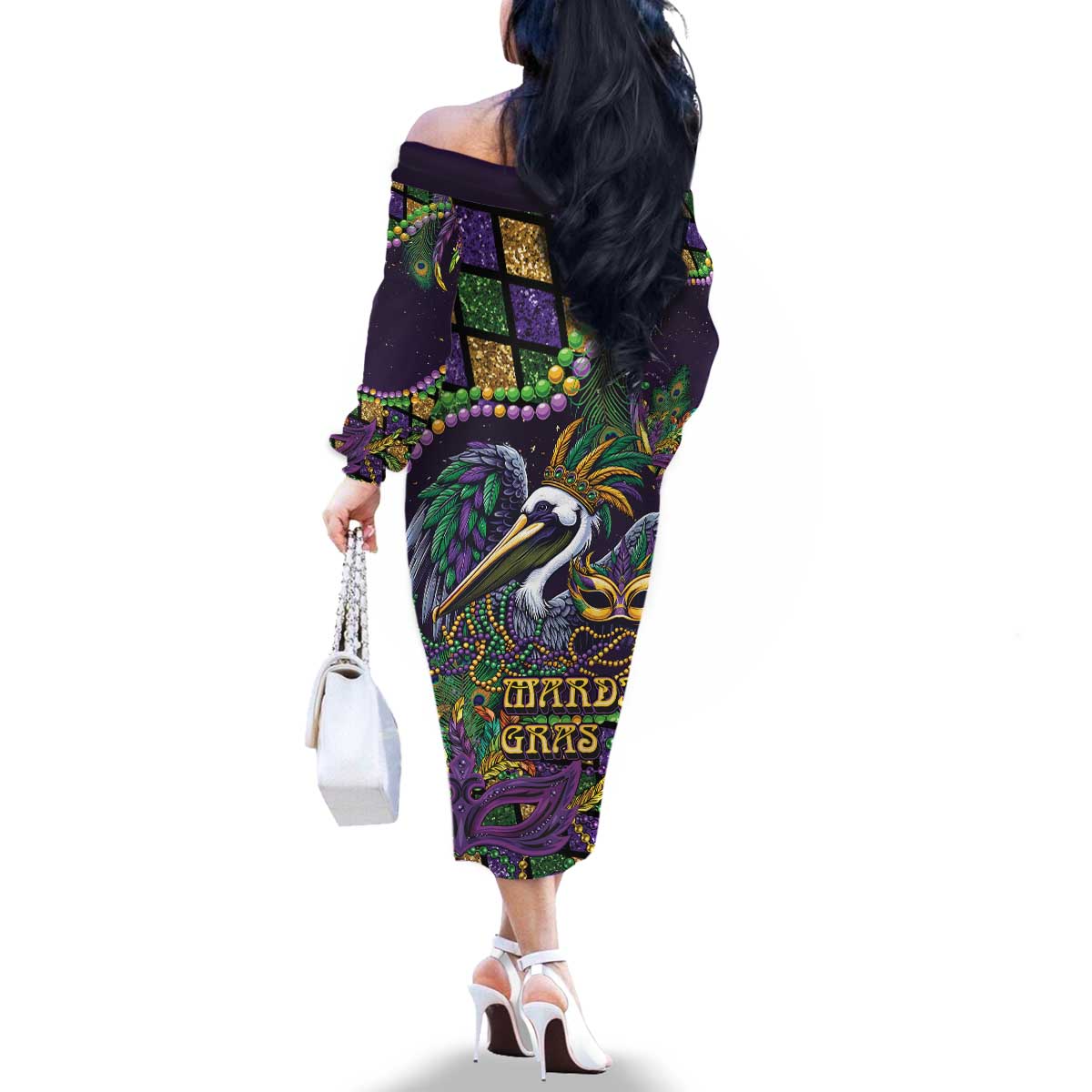 Mardi Gras Pelican Family Matching Off The Shoulder Long Sleeve Dress and Hawaiian Shirt Crowned Feathers Carnival Reign - Wonder Print Shop